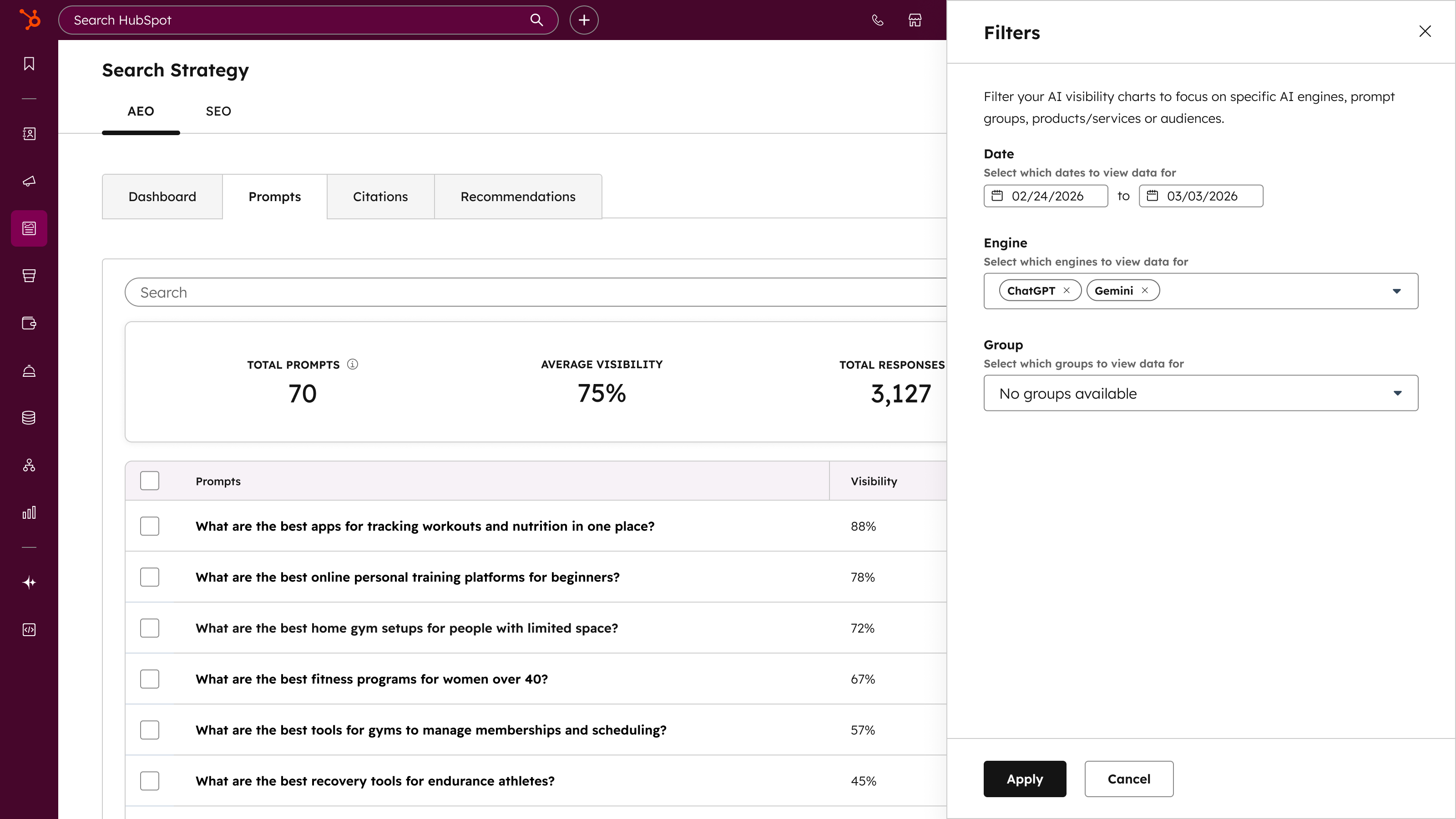 HubSpot AEO. Prompts dashboard with filters for date range, engine, and groups, showing total prompts, average visibility, and total responses.