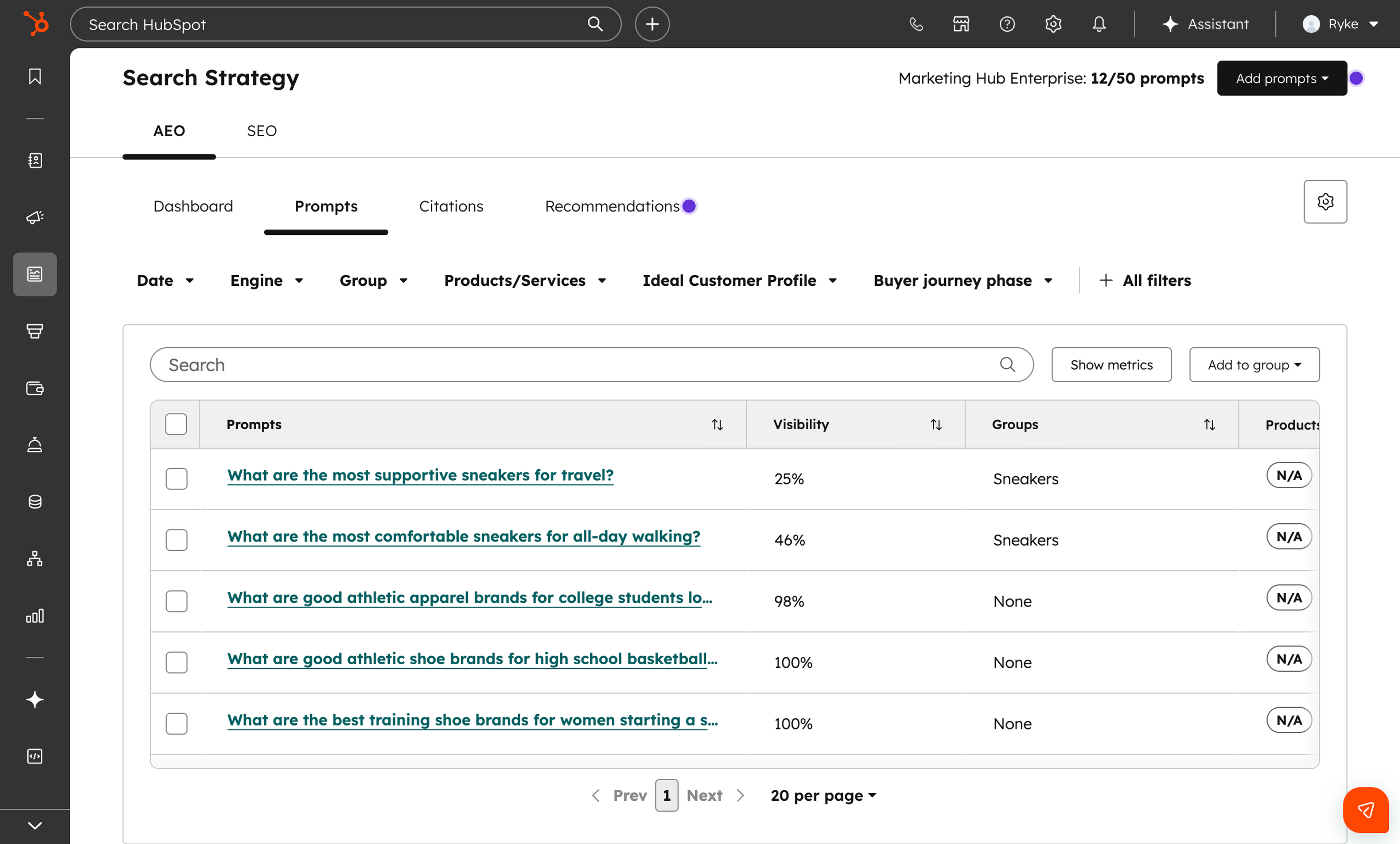 HubSpot AEO. Prompts tab showing tracked buyer questions with visibility percentages.