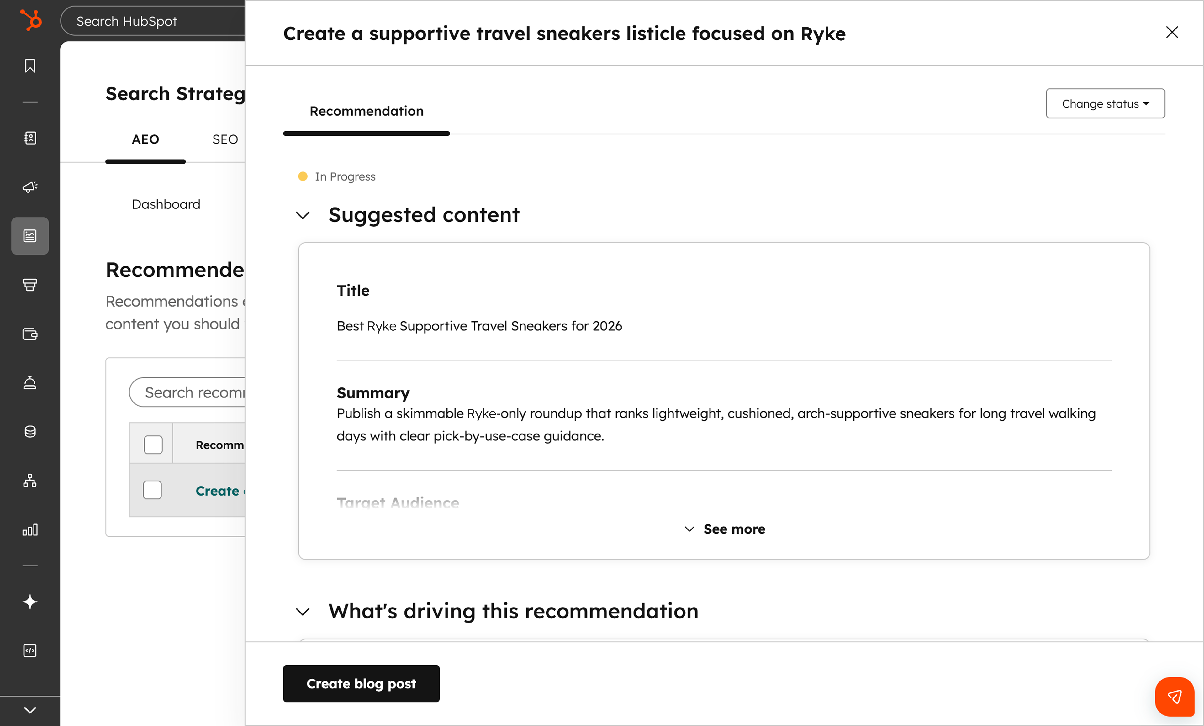 HubSpot AEO. Recommendation detail showing suggested content with title, summary, and create blog post action.