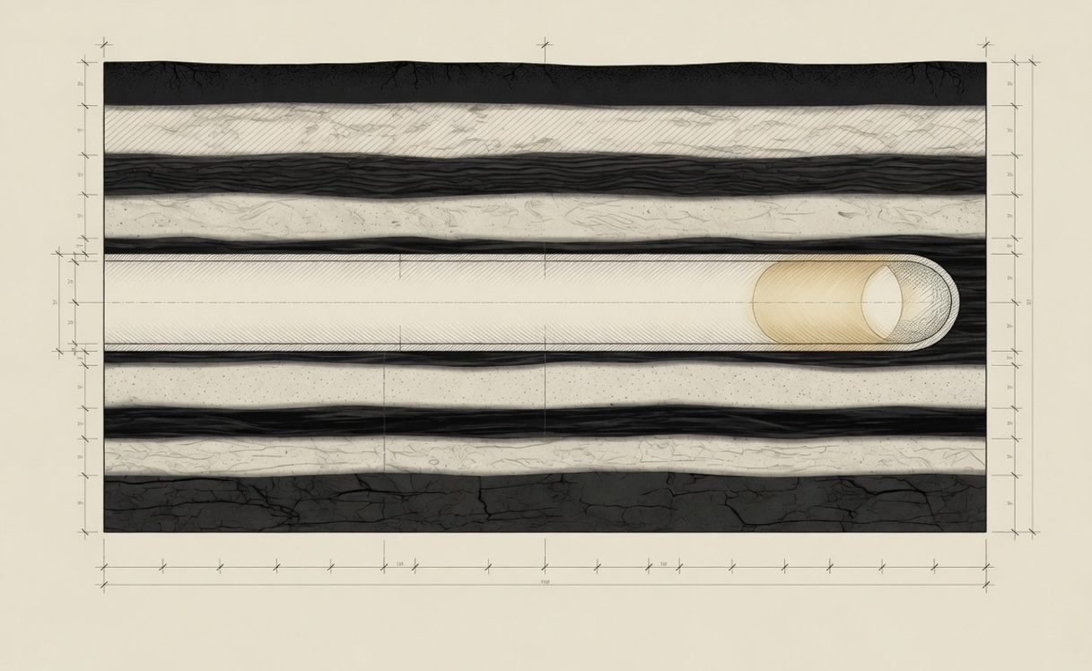 Cross-section diagram of a private tunnel boring through layered strata, representing an MCP tunnel into a self-hosted server.